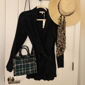 Lavender Brown Collared Faux Wrap Blouse Small